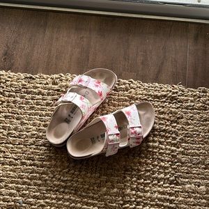 Floral Birkenstock’s white background with pink and red delicate flowers